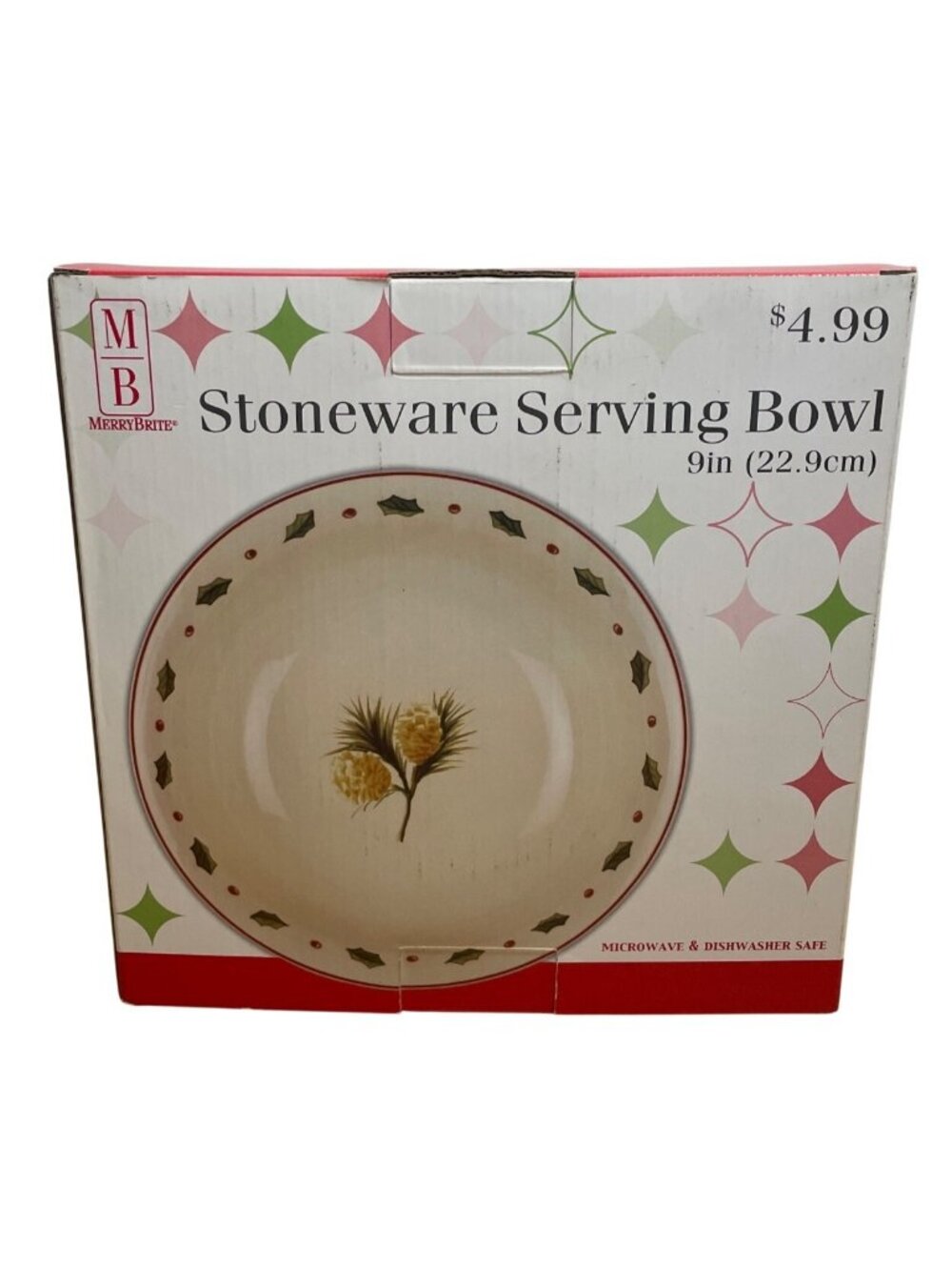 Vintage MerryBrite Christmas Stoneware Serving Bowl 9 inch Pine Pinecone Design